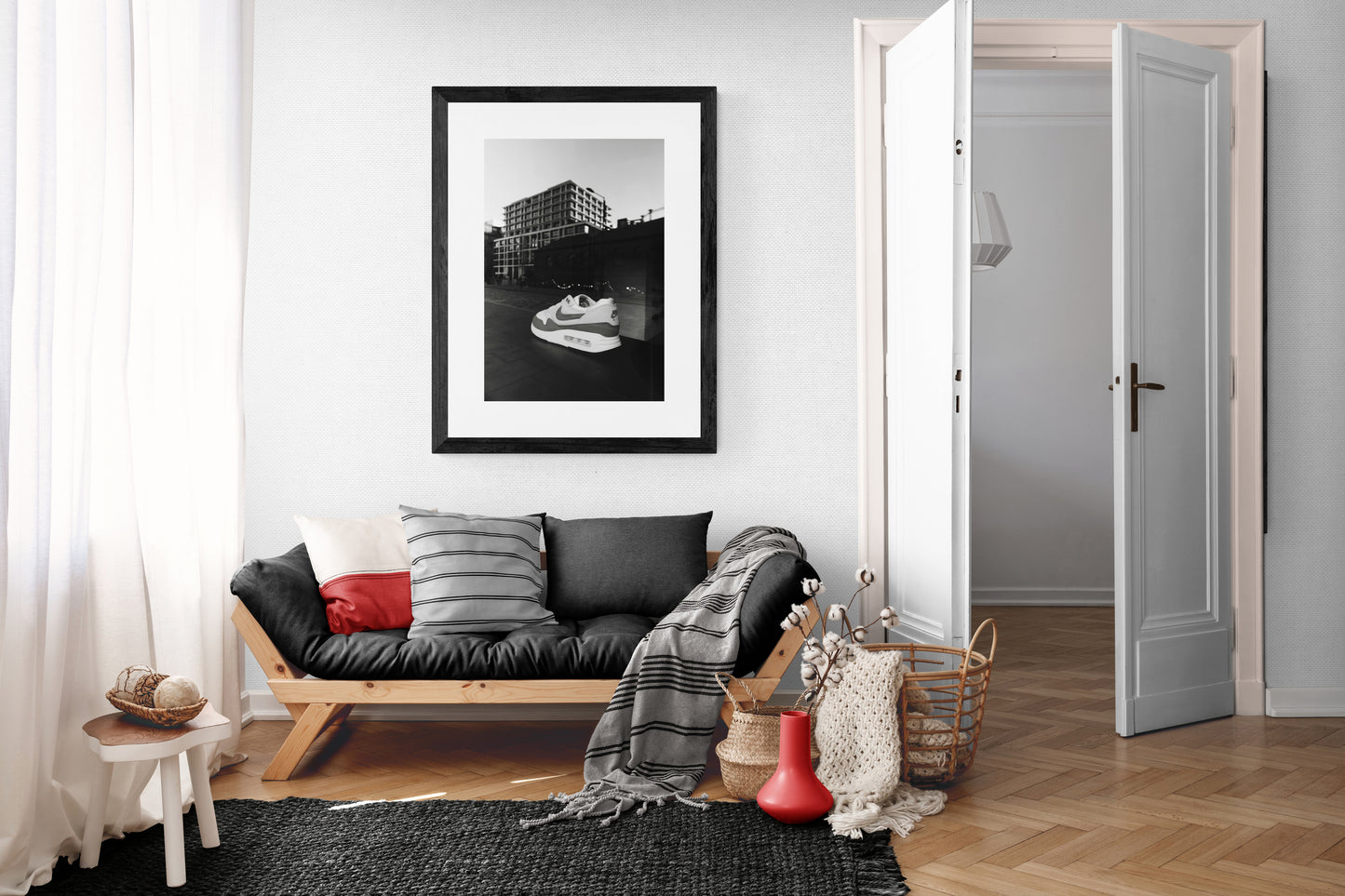 Spice up your space with a combination of monochrome retro vibes with a modern floating sneaker superimposed over what looks like an industrial street but it's actually Coal Drops Yard, next to King's Cross, London. The perfect gift for a steaker-head or fashion fanatics. Printed on Hahnemühle Pearl for maximum contrast and stunning clarity. Photograph made April 2023